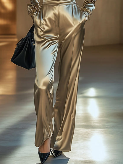 Casual Loose Retro Champagne Satin Long Sleeve Jumpsuit