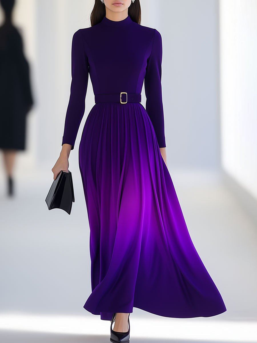 Fashion Retro Purple Gradient Lace-up Party Long Sleeve Maxi Dress