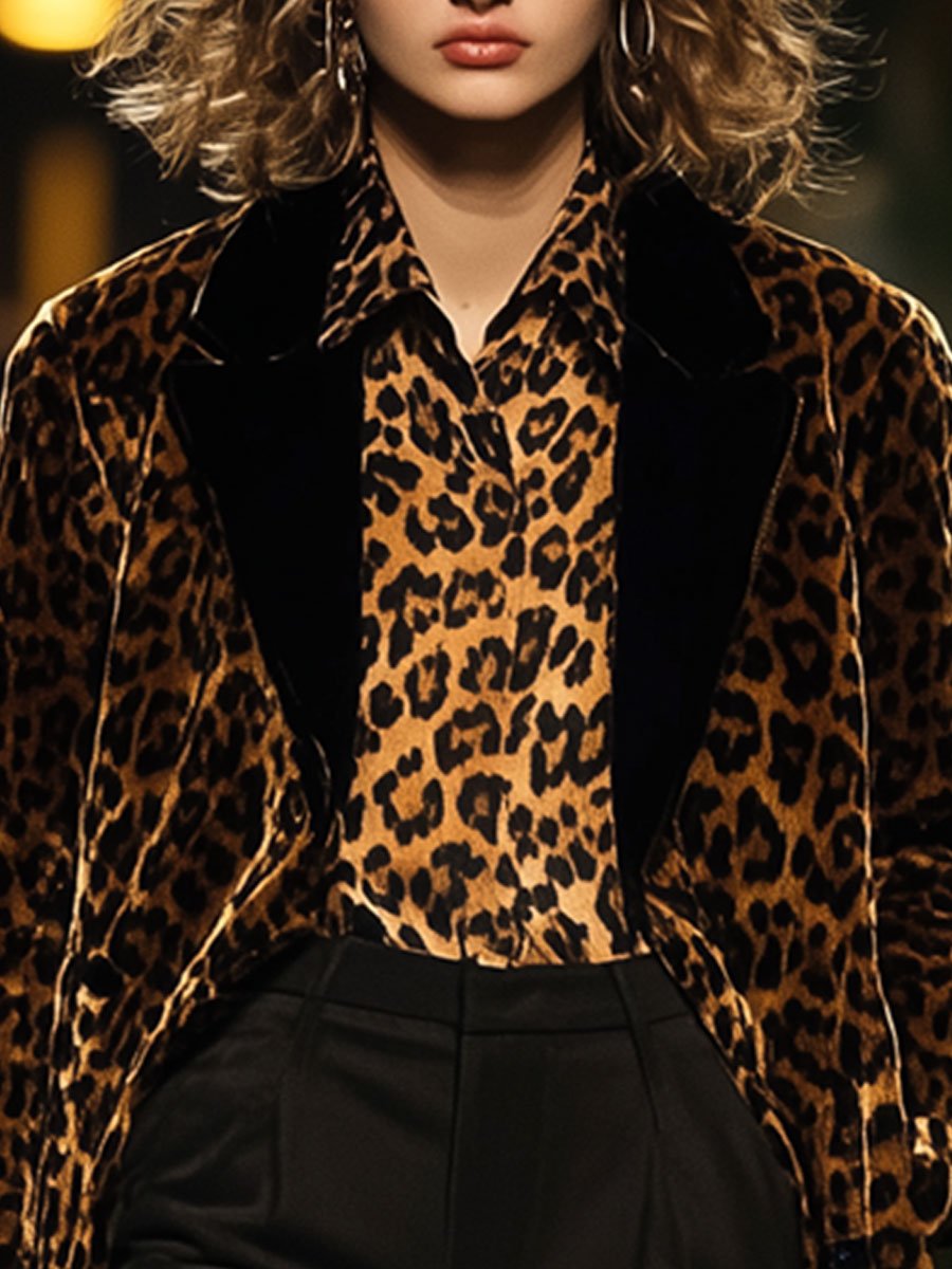 Casual Loose Retro Velvet Leopard Print Contrast Lapel Blazer