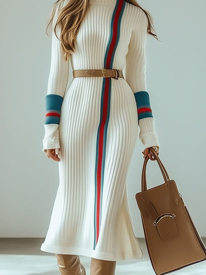 Fashion Retro Red And Blue Striped Long Sleeve High Collar Knitted Midi Dress