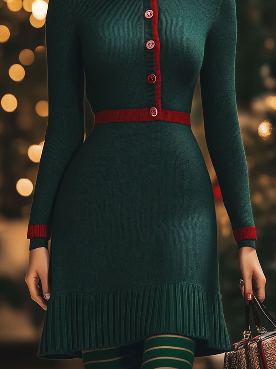 Fashion Retro Green And Red Woolen Round Neck Button Long Sleeve Mini Dress