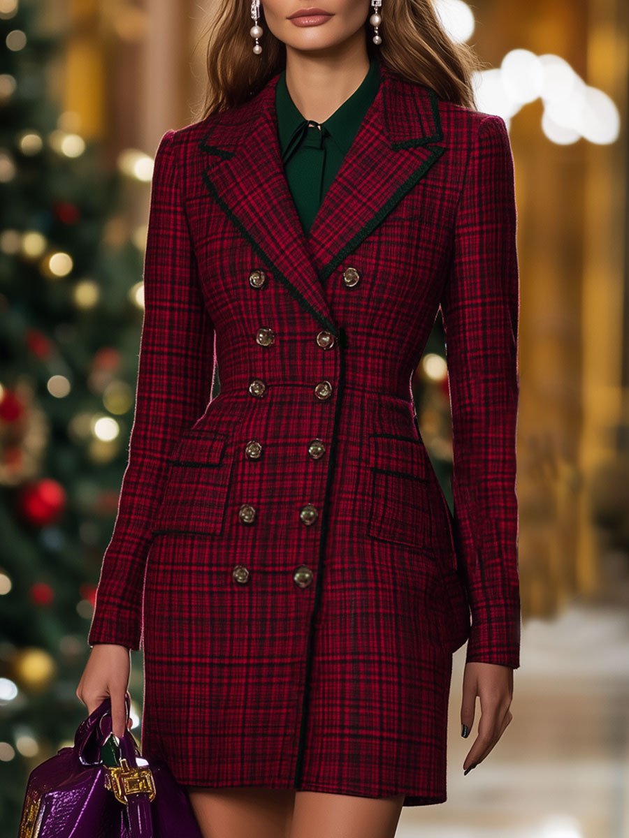 Fashion Retro Red And Green Plaid Suit-Style Double-Breasted Long-Sleeved Mini Dress