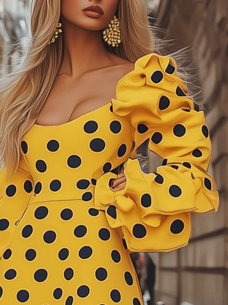 Fashionable and Stylish Off-shoulder Yellow Polka Dot Printed Mini Dress