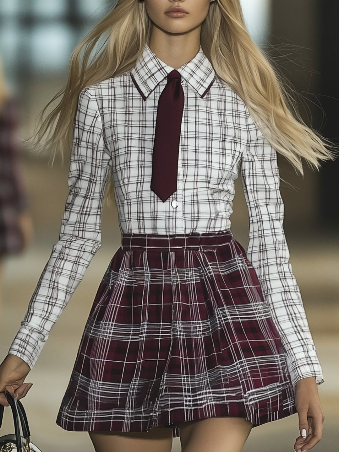 Classic Plaid Tie Long Sleeve Mini Dress