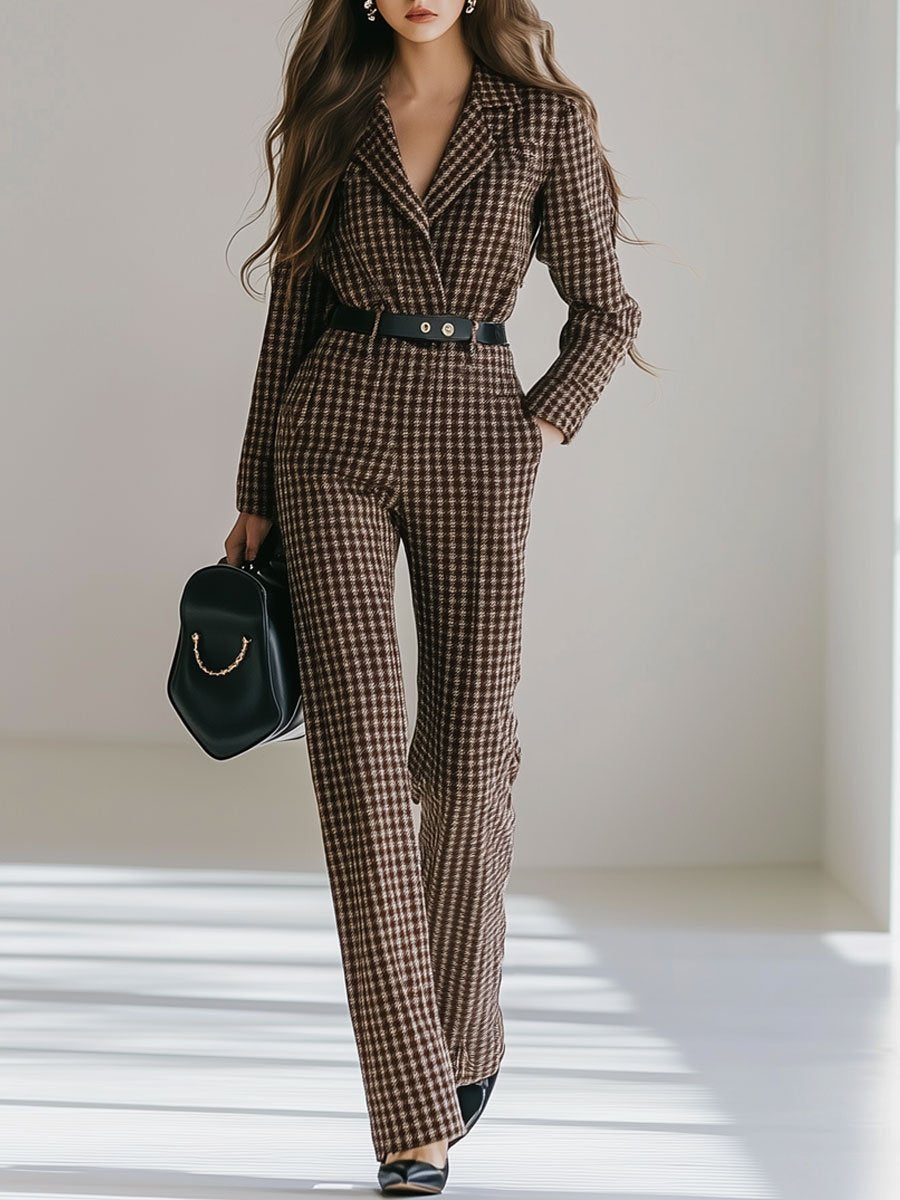 Casual Loose Retro Lapel Woolen Houndstooth Long Sleeve Jumpsuit