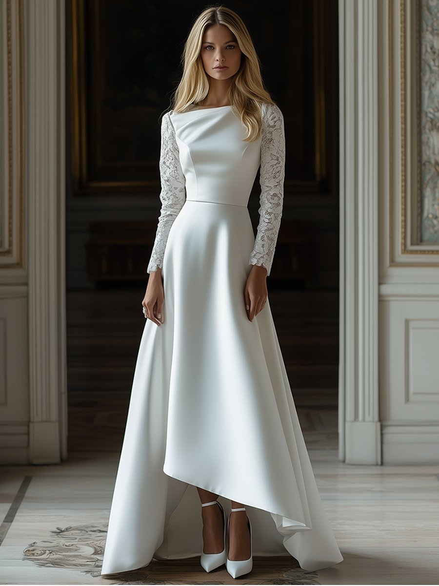 Classic Wedding Dress Style Lace Paneled Satin Long Sleeve Maxi Dress