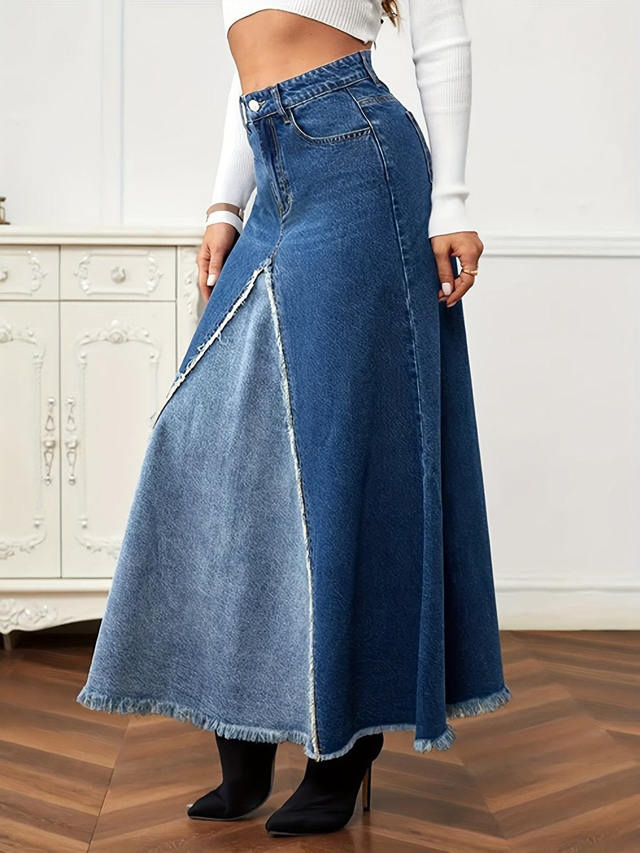 Fashionable Patchwork Flared Long Denim Skirt