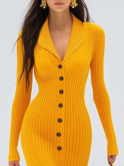 Elegant and Dynamic V-neck Slim Fit Yellow Knitted Maxi Dress