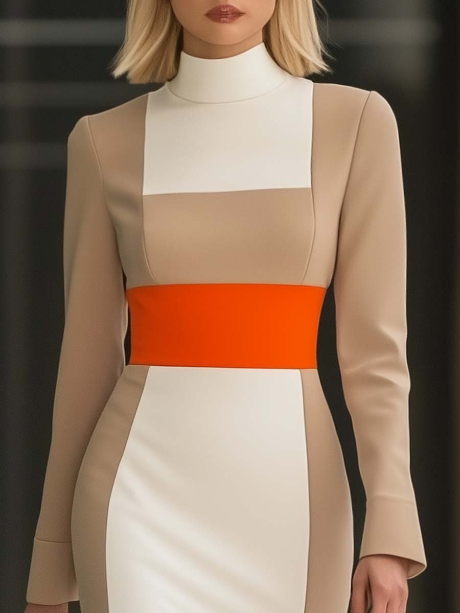 Fashion Half Turtleneck Orange Beige White Contrast Midi Dress