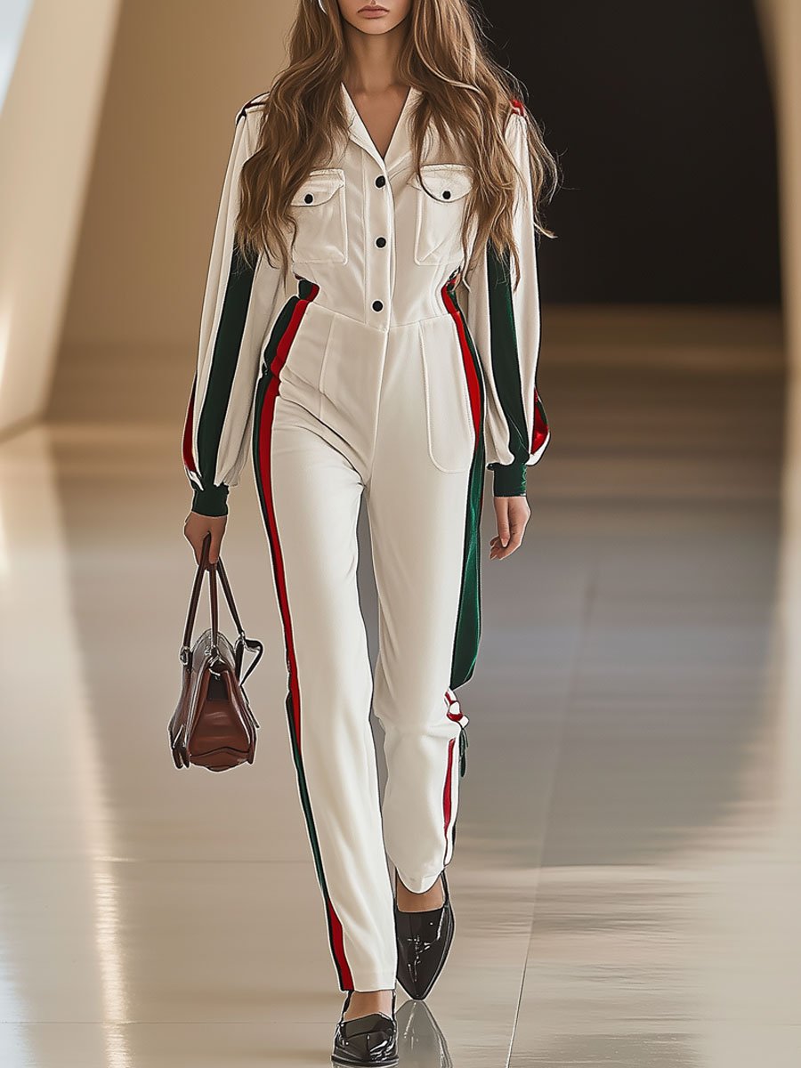 Casual Loose Retro Velvet Red And Green Striped Multi-Pocket Long-Sleeved Jumpsuit