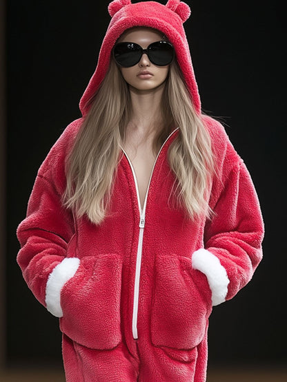 Casual Loose Red And White Lambskin Stitching Zipper Hooded Jumpsuit