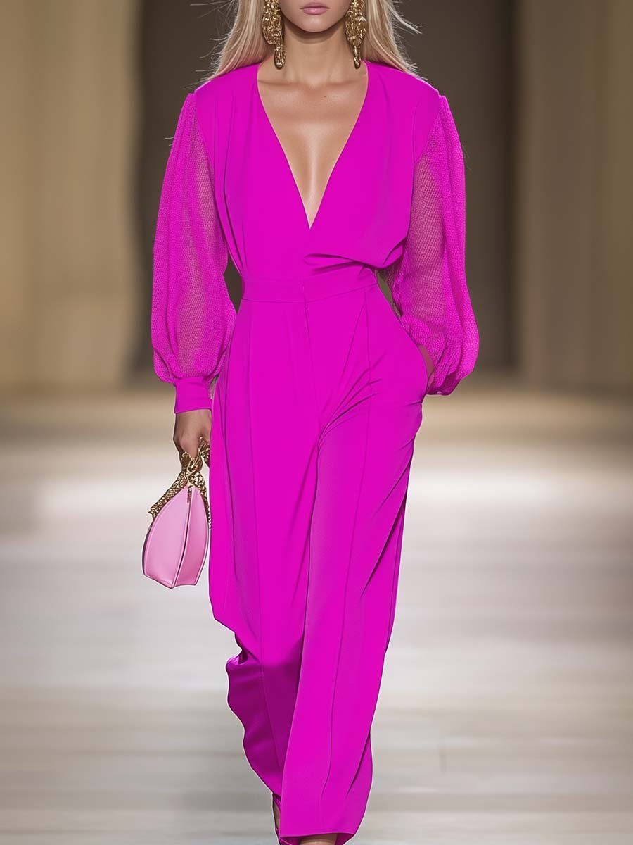 Fashionable Eye-catching V-neck Mesh Sleeve Hot Pink Jumpsuit