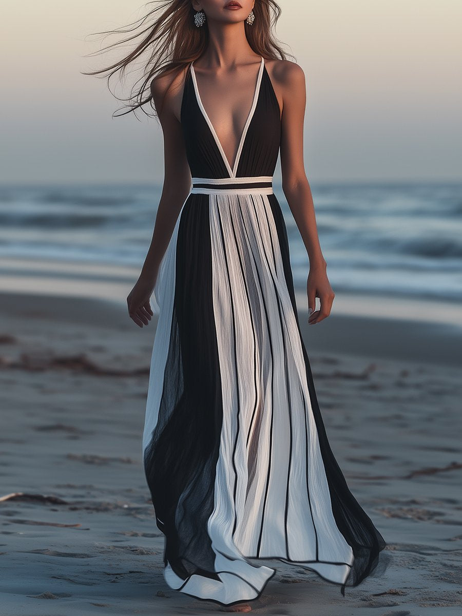 Casual and Fashionable Striped Black Chiffon V-neck Sleeveless Maxi Dress