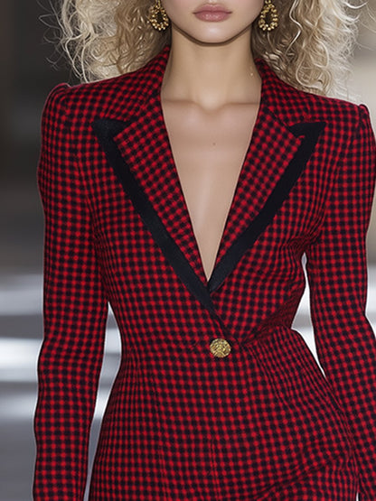 Retro And Fashionable High-End Color-Blocked V-Neck Houndstooth Dress