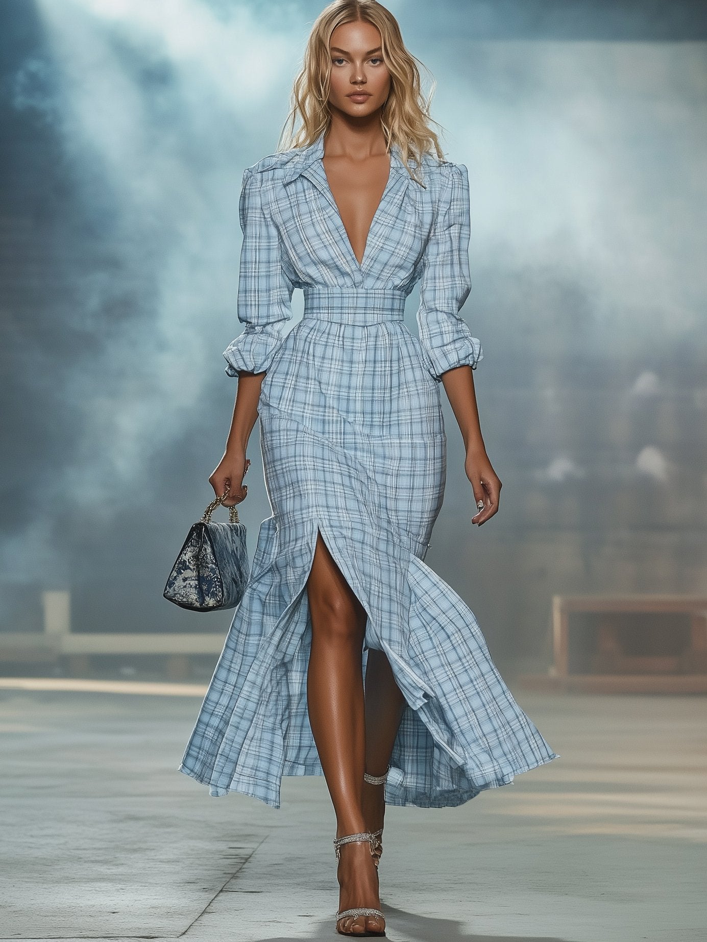 Elegant Light Blue Lapel Plaid Long Sleeve Maxi Dress