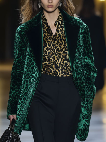 Casual Loose Vintage Green Velvet Leopard Print Lapel Pocket Coat