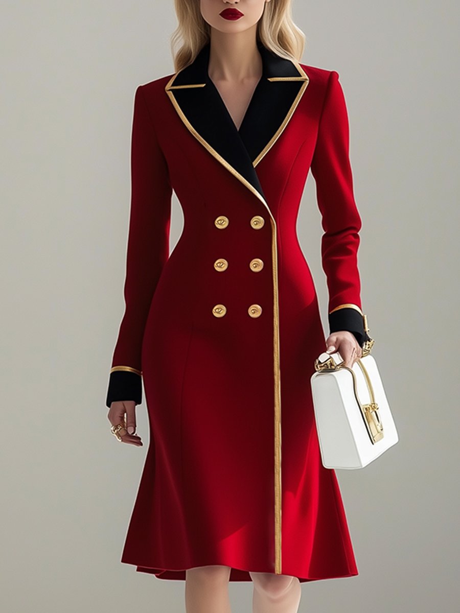 High-End And Fashionable Temperament Gold-Edged Red Woolen Midi Dress