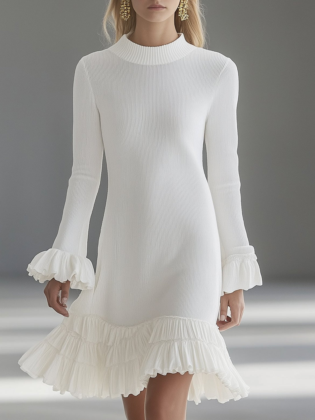 Exquisite White Ruffle Long Sleeve Midi Dress