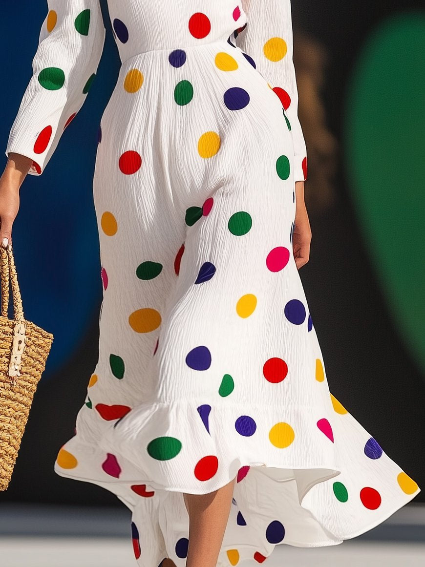 Vibrant Color Polka Dot Square Neck Long Sleeve Maxi Dress