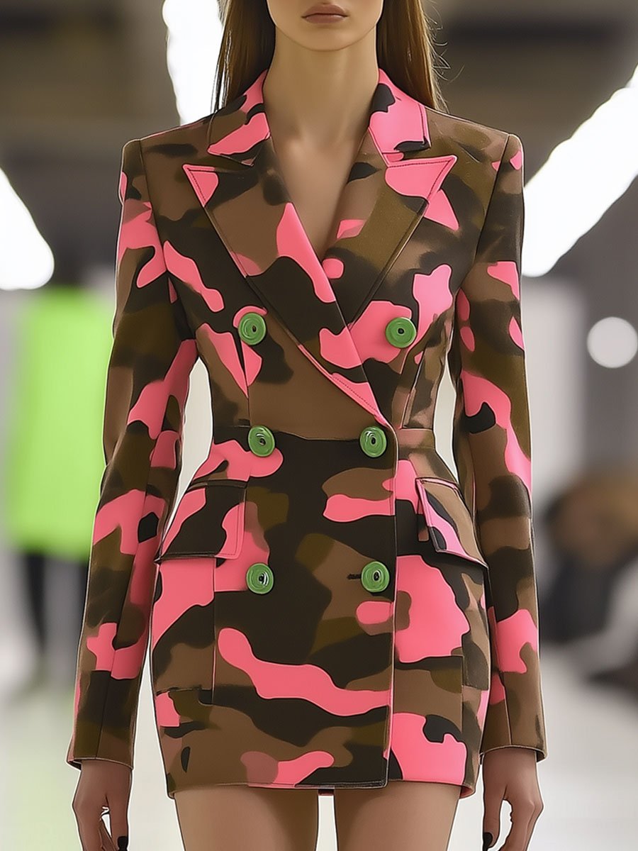 Casual Fashion Cotton Pink Camouflage Print Green Double Breasted Suit Mini Dress