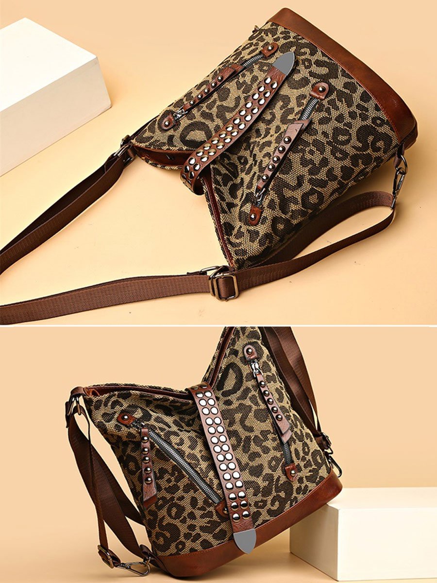 Fashion Leopard Studded Belt Shoulder Tote Bag