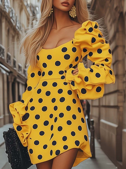 Fashionable and Stylish Off-shoulder Yellow Polka Dot Printed Mini Dress