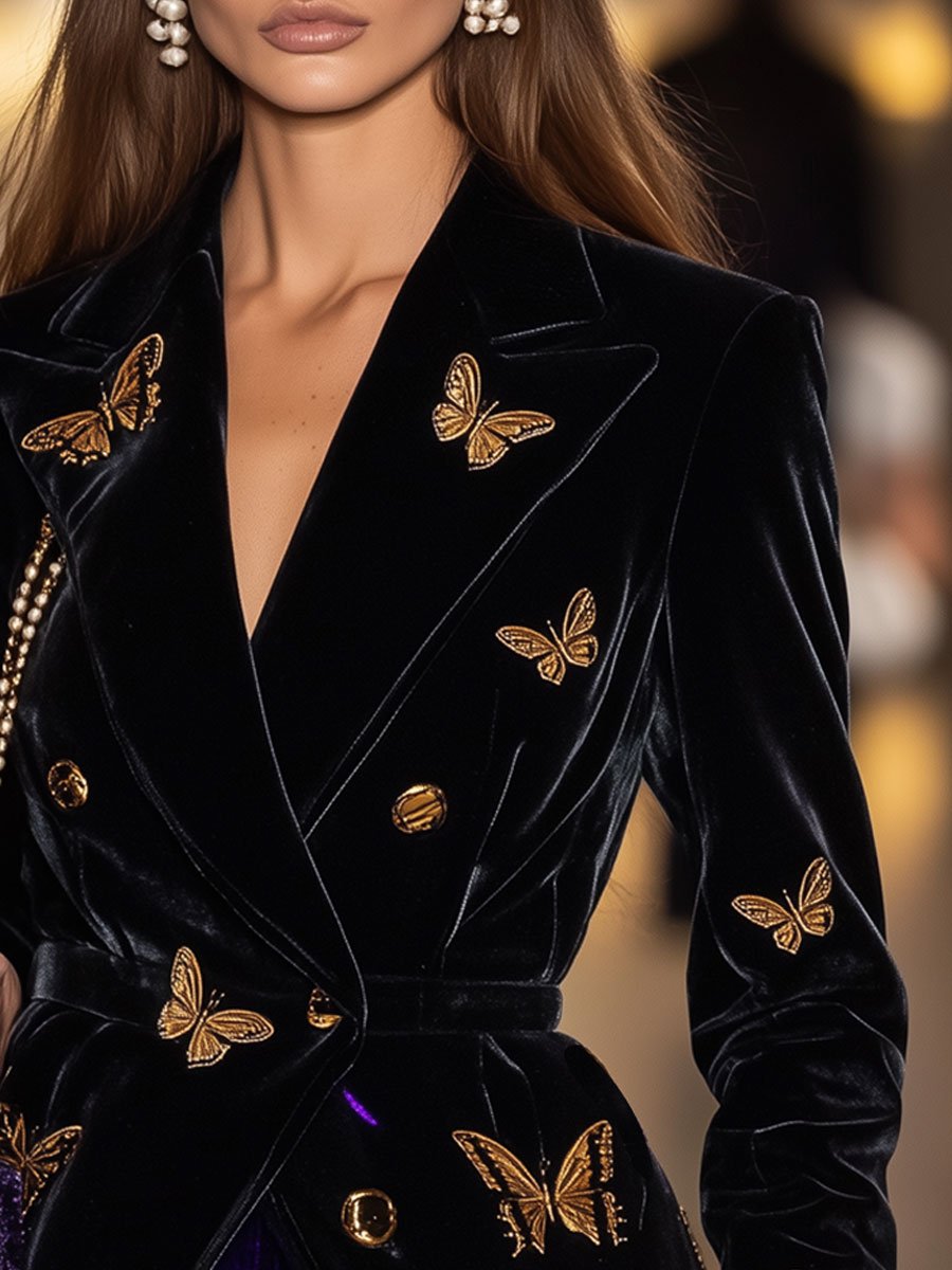 Casual Loose Retro Black Velvet Gold Butterfly Print Blazer