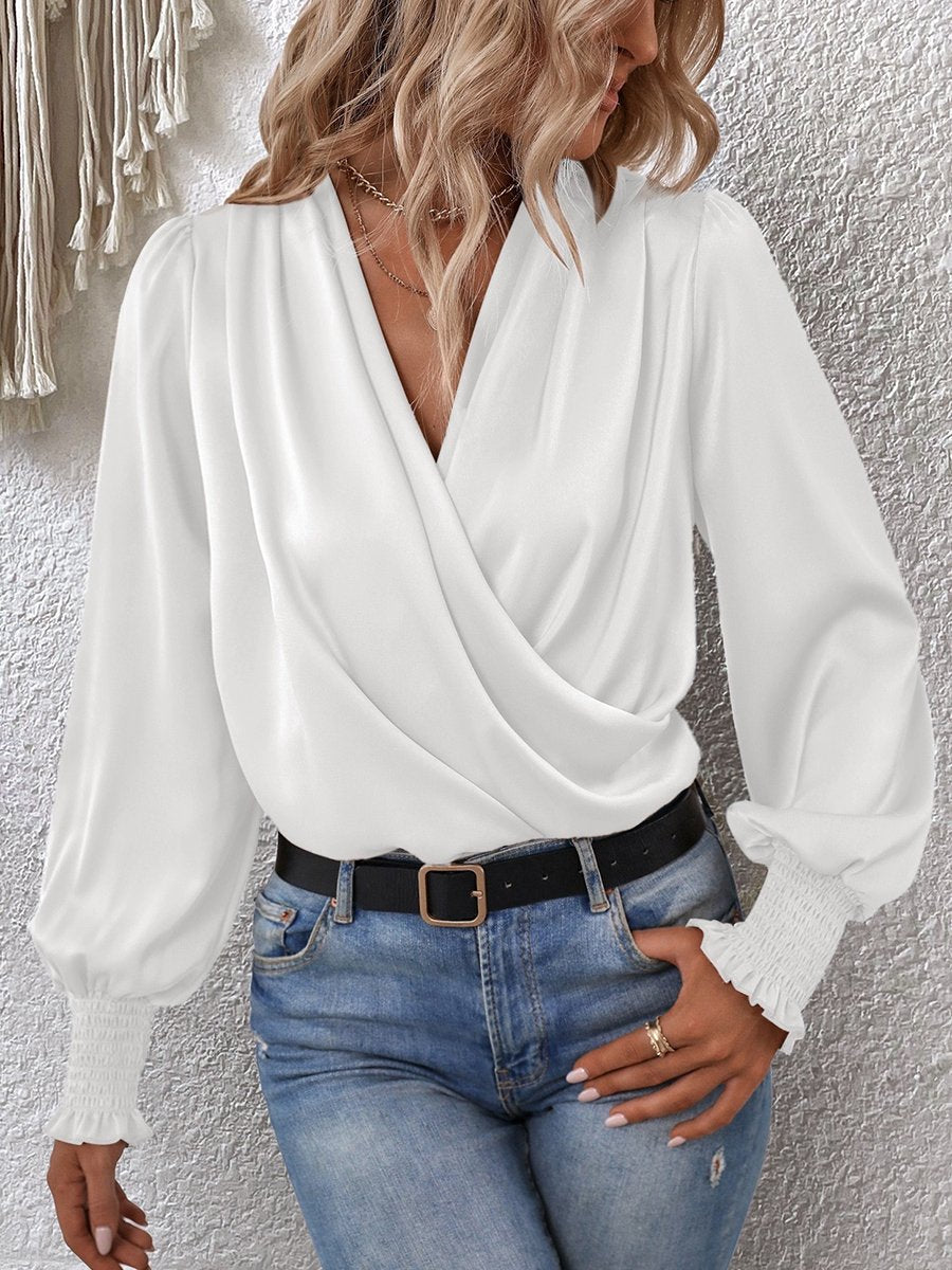 High Quality Elegant V-neck Lantern Sleeves Temperament Shirt