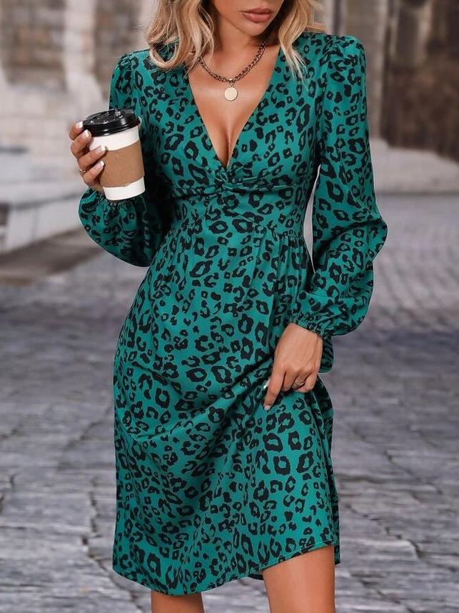 Elegant V-Neck Satin Leopard Print Long Sleeve Mini Dress