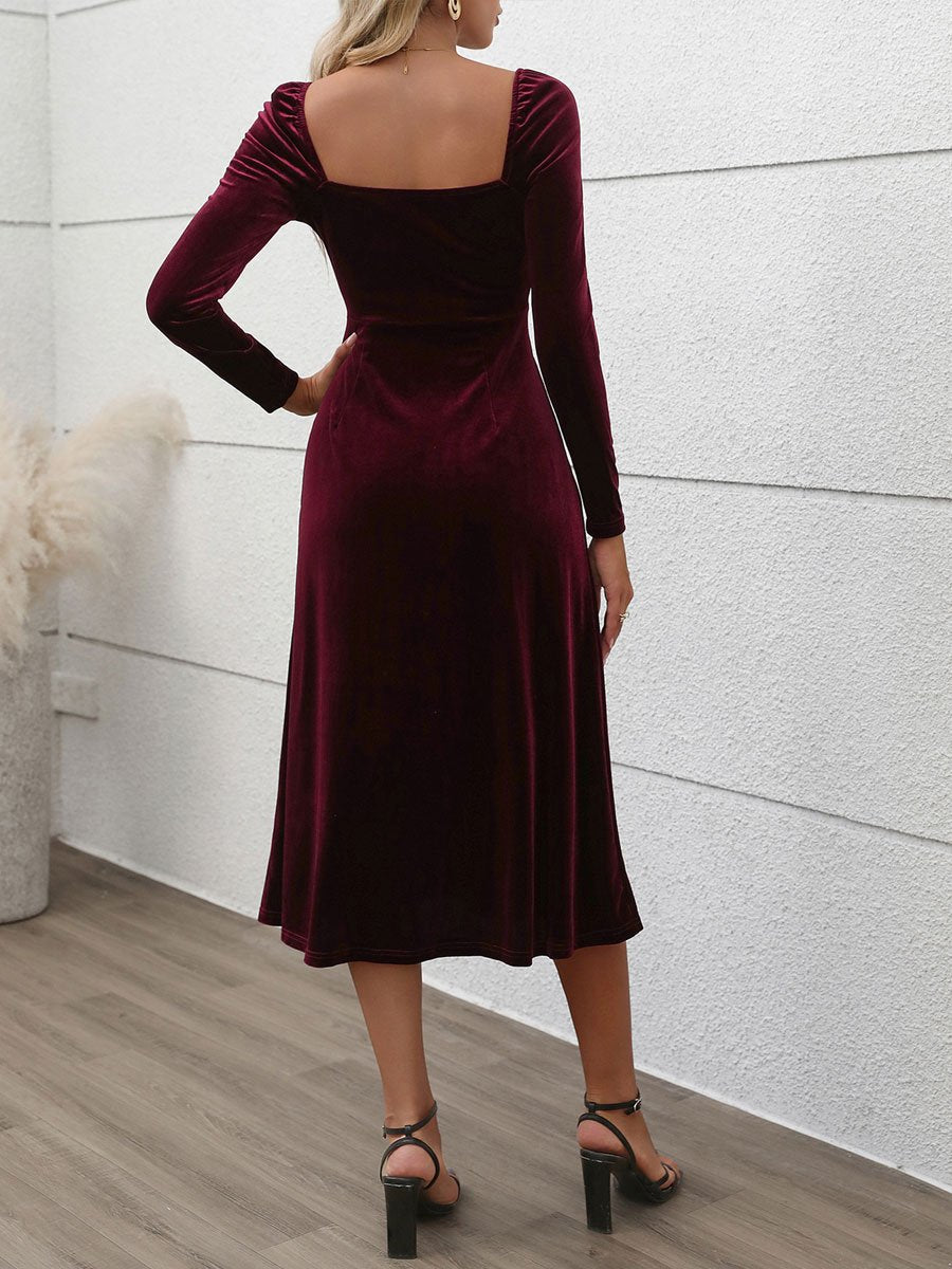 Fashion Retro Party Velvet Slit Long Sleeve Midi Dress