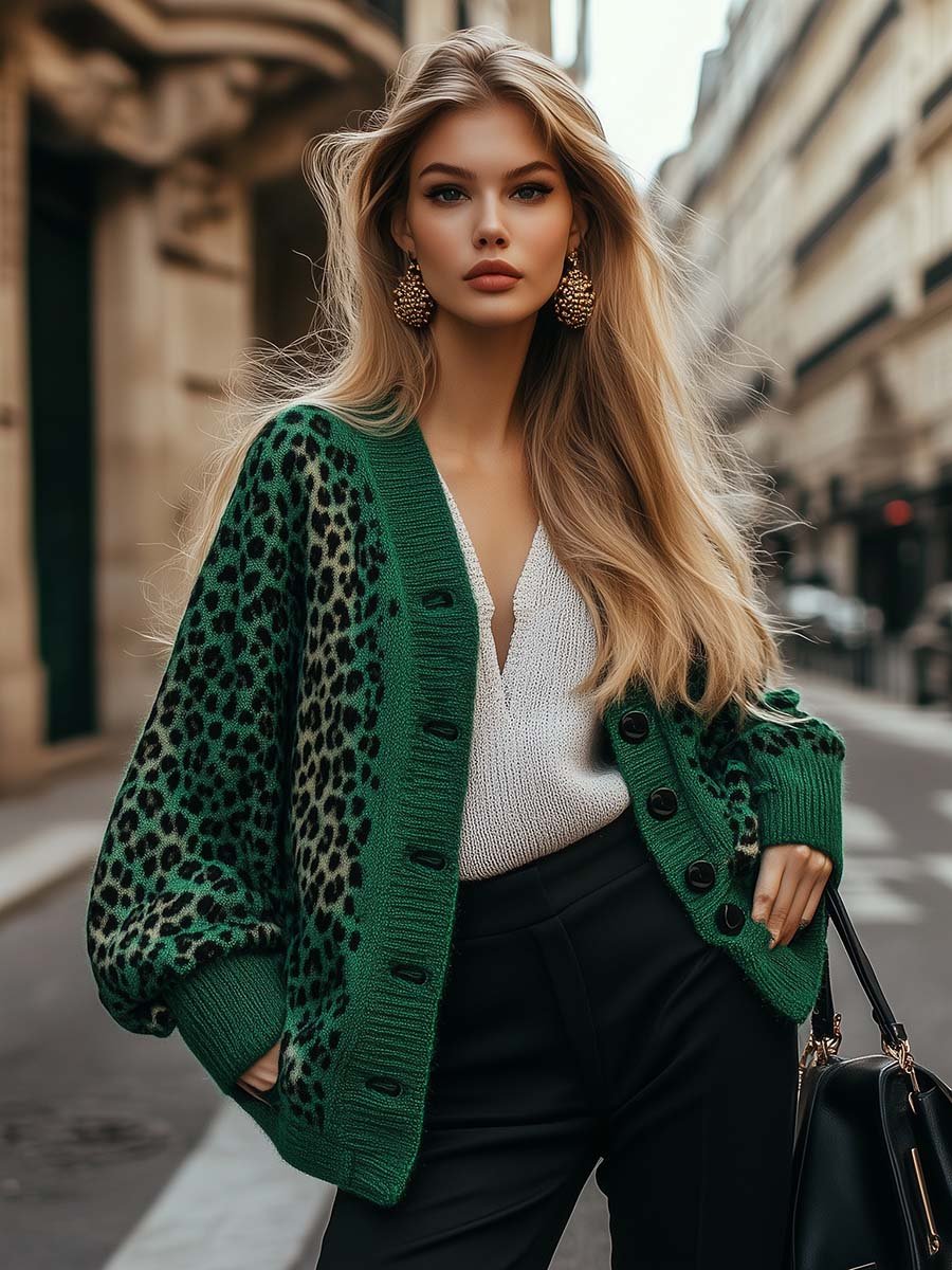 Stylish and Comfortable Emerald Green Leopard Print Knitted Cardigan