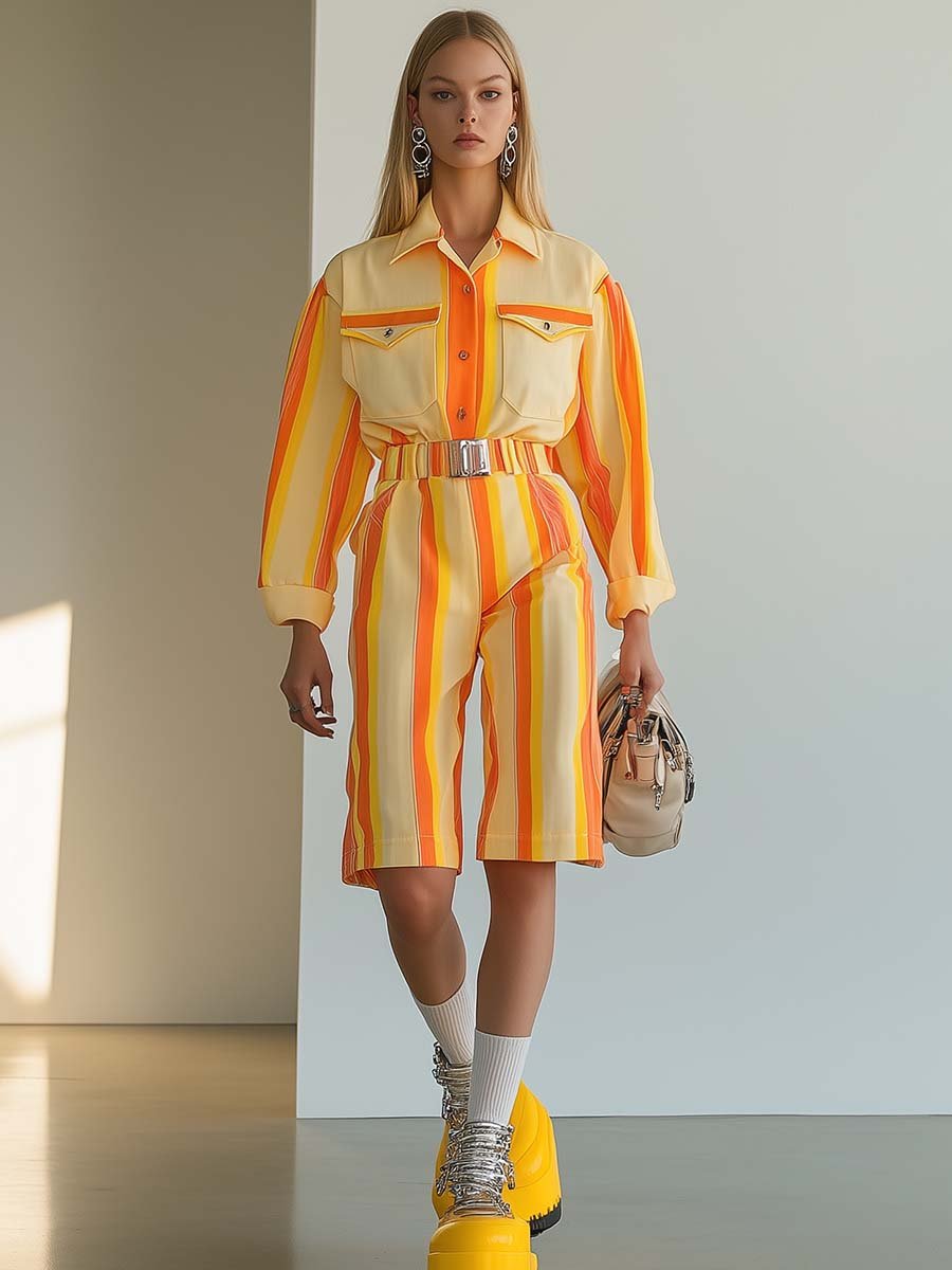 Vibrant and Fashionable Shirt Collar Orange Striped Yellow Short Jumpsuit