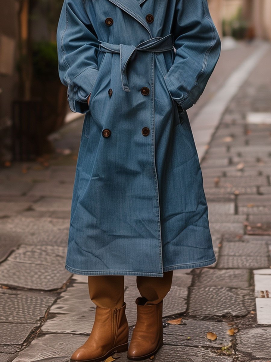 Casual Loose Retro Double-Breasted Belted Denim Trench Coat