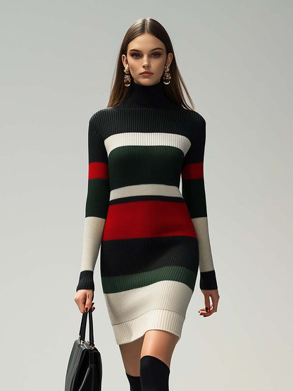 Fashionable and Avant-garde High Collar Contrast Color Knitted Mini Dress