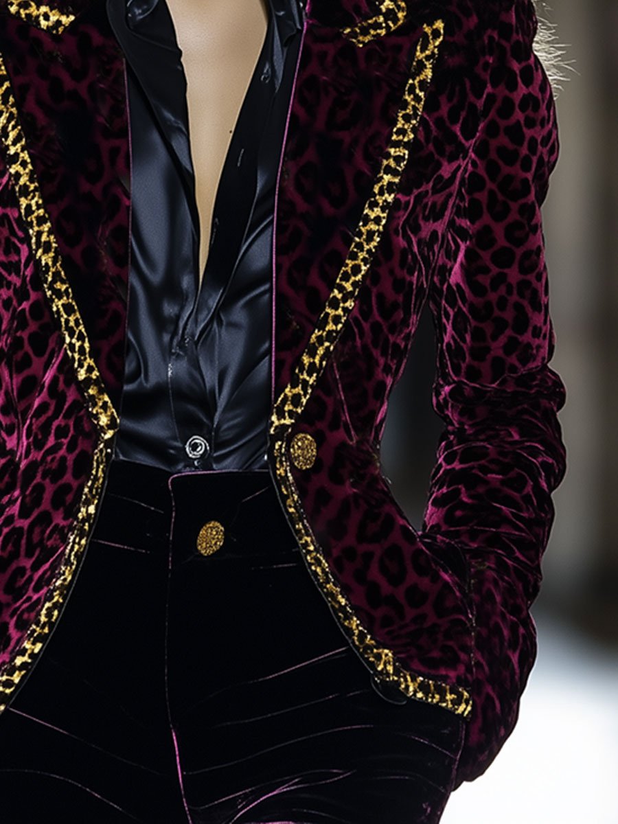 Casual Loose Velvet Leopard Print Lapel Blazer