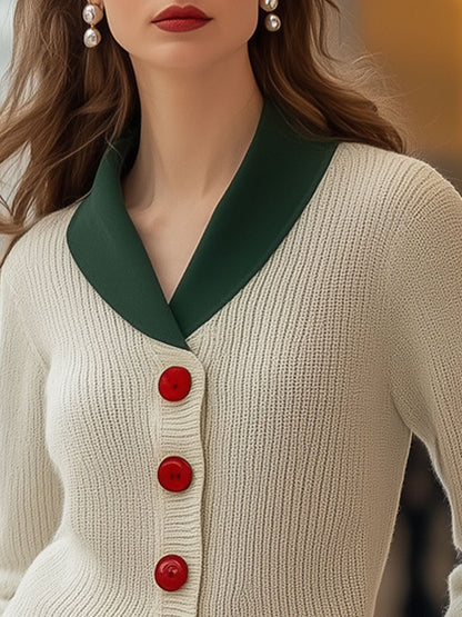 Casual Loose Retro Colorblock Lapel Single-breasted Sweater Cardigan