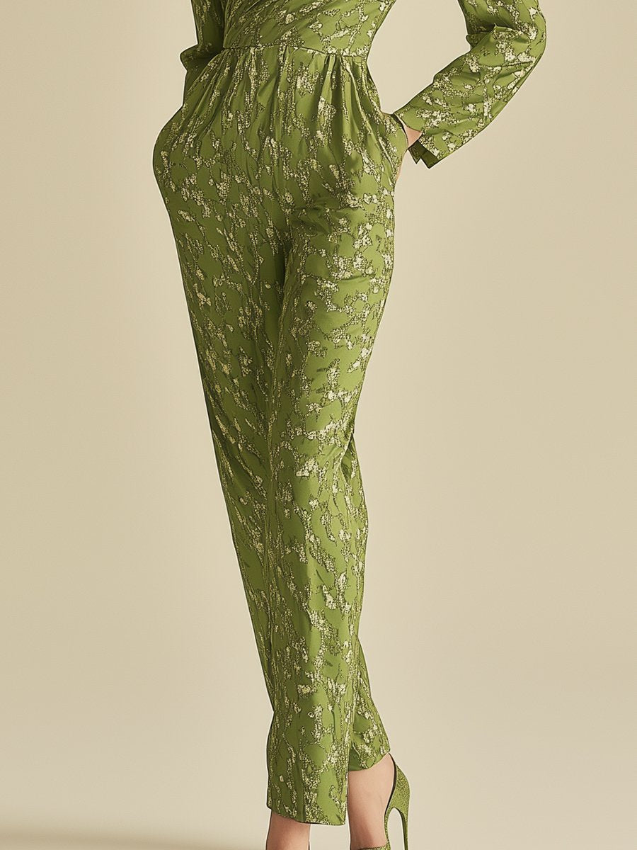 Casual Retro Green Off-shoulder One-shoulder Slim Floral Long-sleeved Jumpsuit