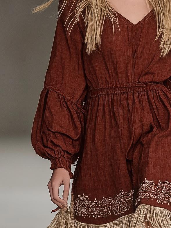 Bohemian Auburn Fringe Long Sleeve Midi Dress