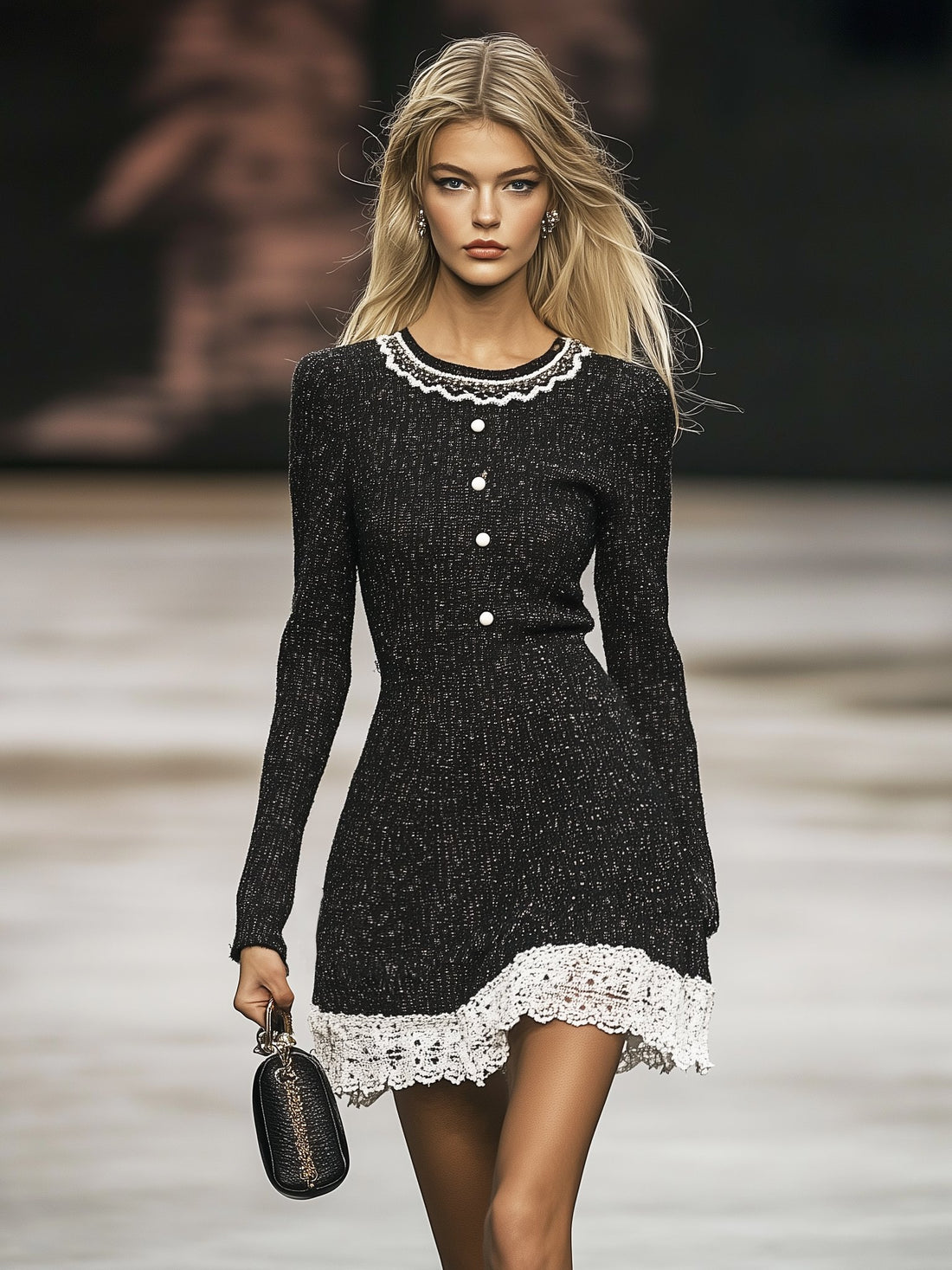 Elegant Tweed Lace Trim Black Long Sleeve Mini Dress