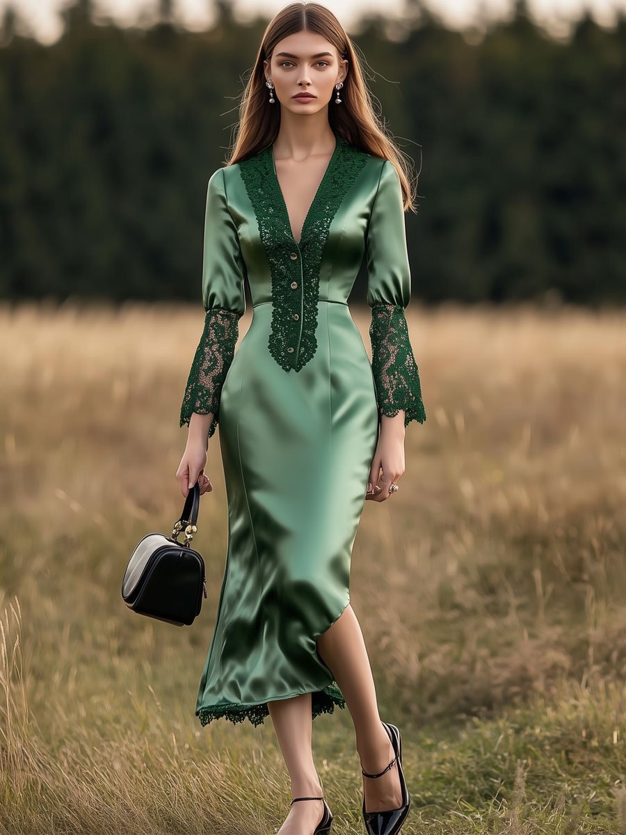 Retro Party Green Lace Satin V-Neck Long Sleeve Midi Dress