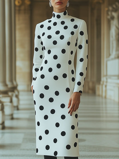 High-end and Fashionable Half-high Collar Black Polka Dot White Satin Midi Dress