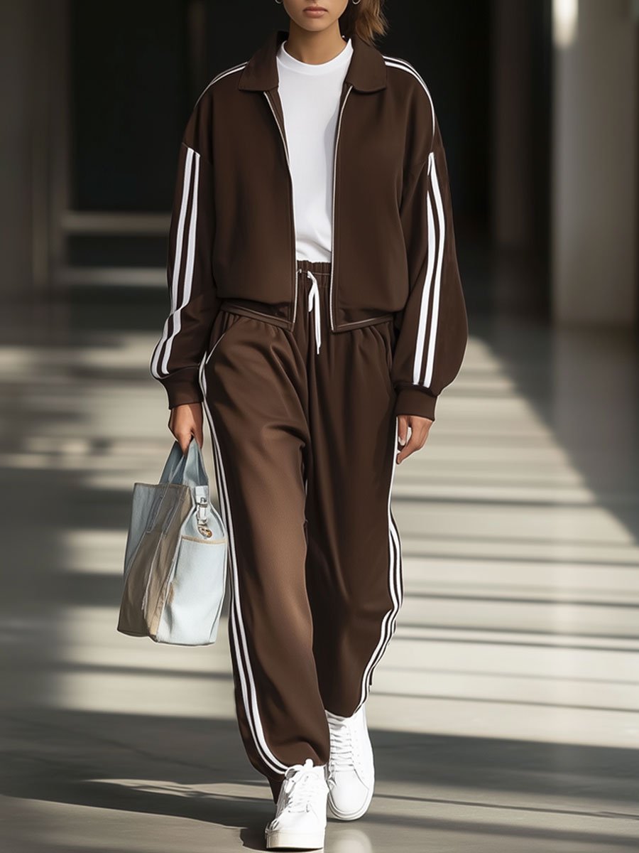 Casual Loose Retro Chocolate Striped Zipper Sports Sweatshirt Set