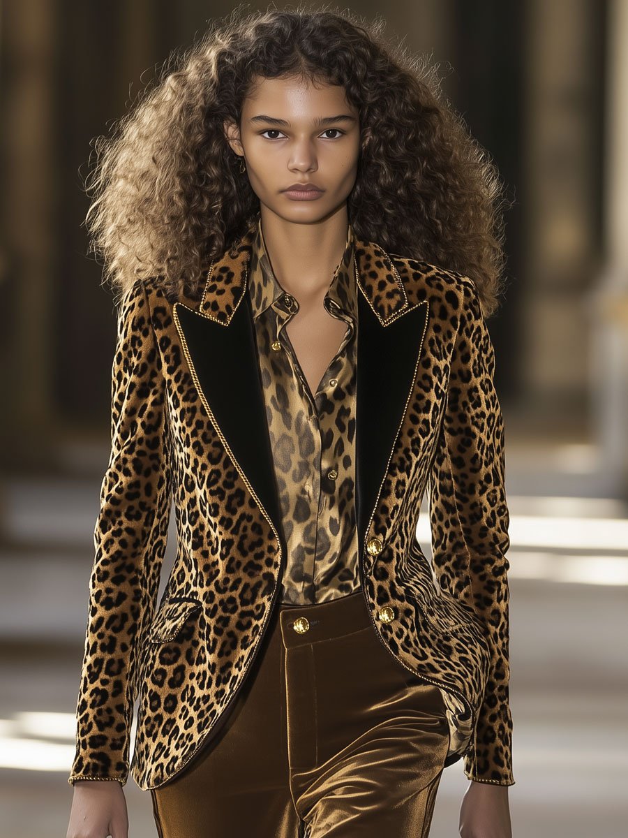 Casual Loose Velvet Leopard Print Colorblock Lapel Gold Edge Blazer