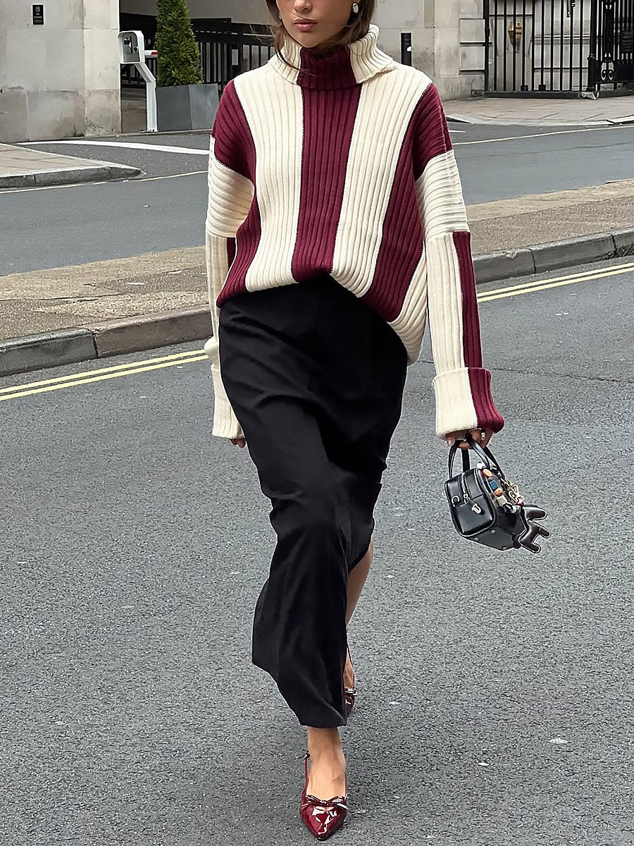 Casual Loose Fashionable Red and White Striped Turtleneck Knitted Sweater