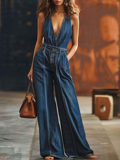 【24-hour shipping】V-Neck Casual Loose Sleeveless Vintage Denim Jumpsuit