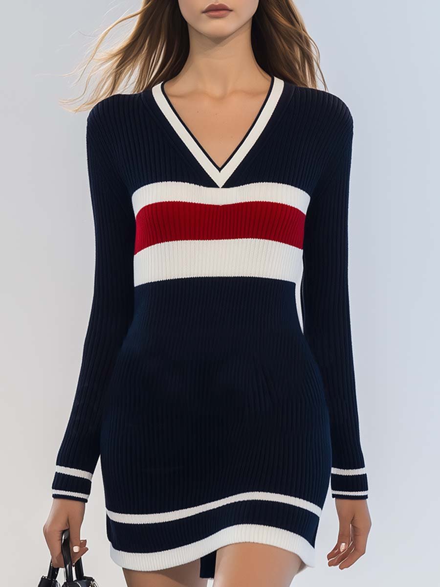 Elegant V-neck Slim Fit Navy Blue Contrast Stripe Knitted Mini Dress