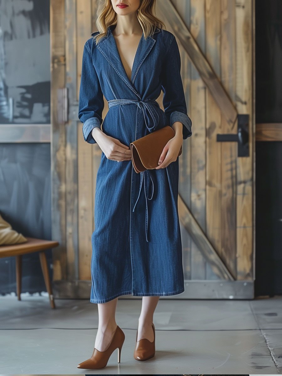 Lapel Casual Loose Belted Denim Long Sleeve Shirt Midi Dress