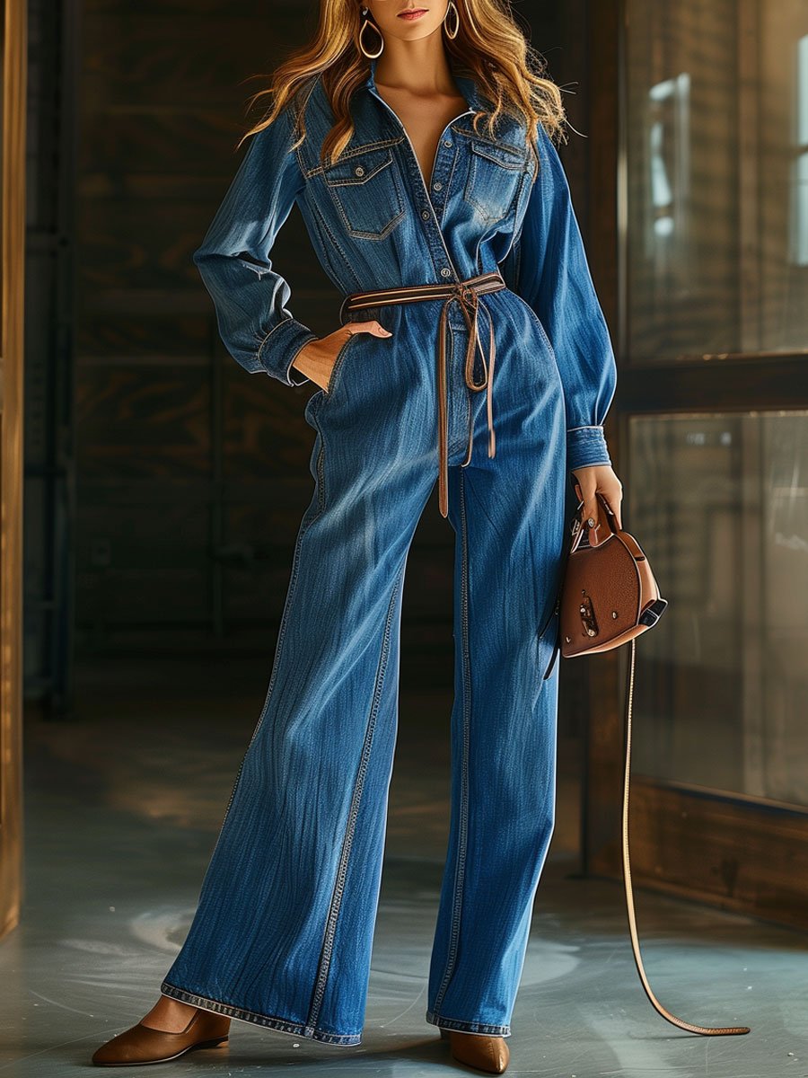 Casual Loose Multi-Pocket Lace-Up Denim Long Sleeve Jumpsuit