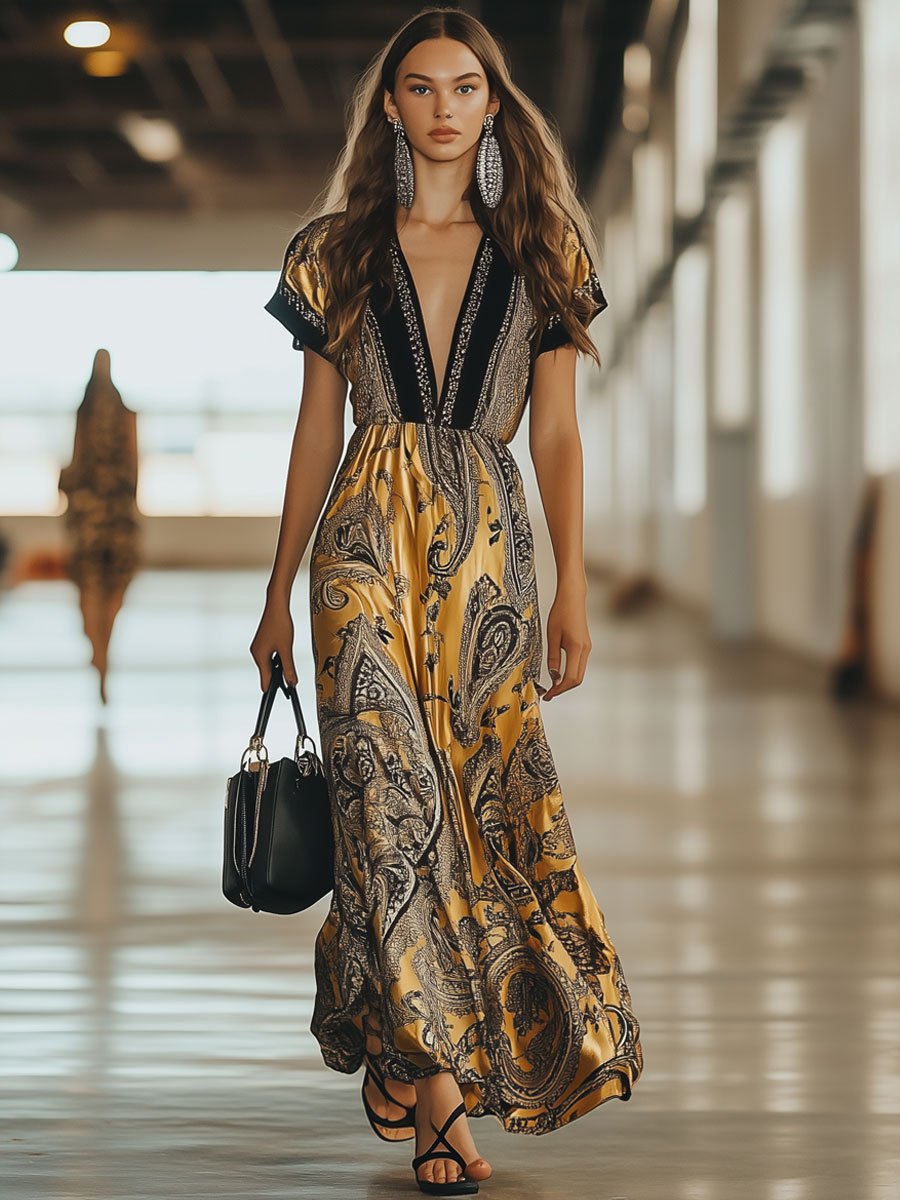 Fashion Party Cashew Flower Print Yellow Satin V-Neck Short Sleeve Maxi Dress