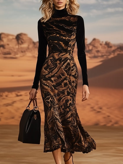 Elegant Black Velvet Patchwork Snake Print Long Sleeve Maxi Dress